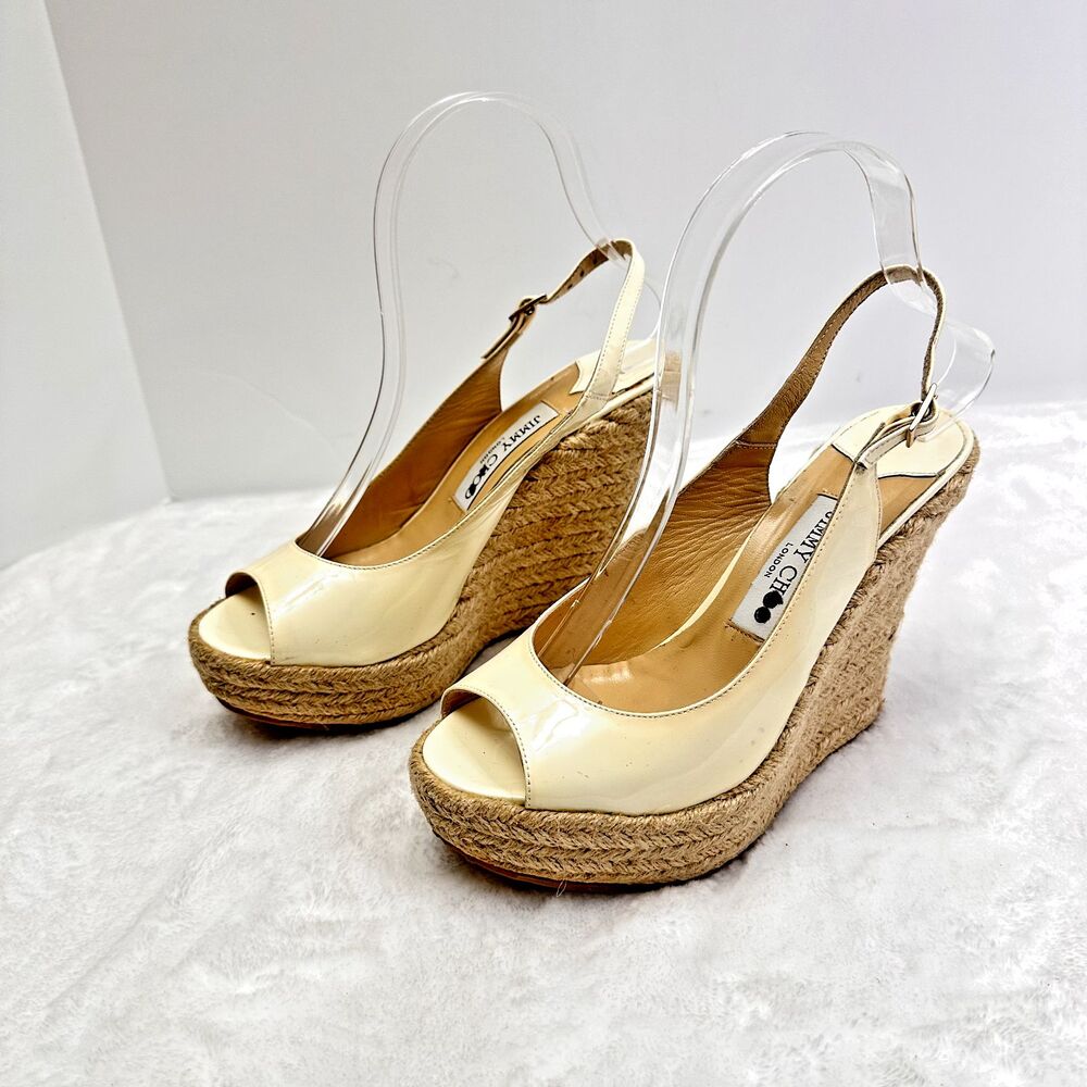 Jimmy Choo Patent Leather Espadrille Wedge Peep Toe Light Yellow Sandals SZ 37